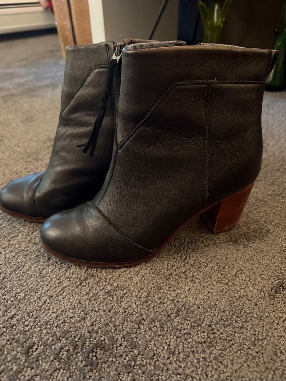 Toms Black Leather Ankle Booties with Wood-Effect Block Heel